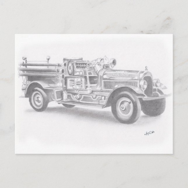 hand drawn vintage fire truck sketch postcard (Front)