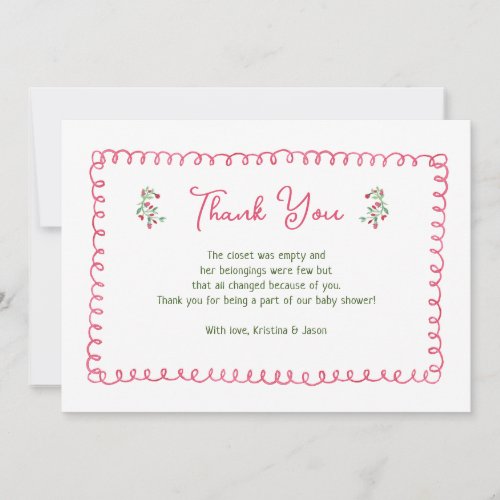 Hand Drawn Vintage Floral Girl Baby Shower Thank You Card