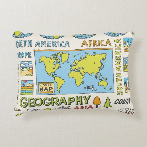 Hand Drawn Vintage Geography Illustration Accent Pillow