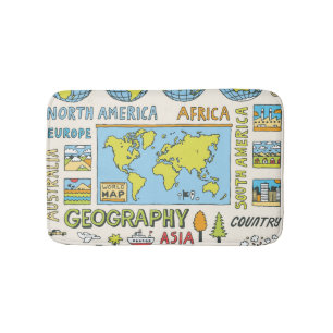 Hand Drawn Vintage Geography Illustration Bath Mat