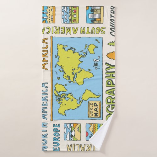 Hand Drawn Vintage Geography Illustration Bath Towel