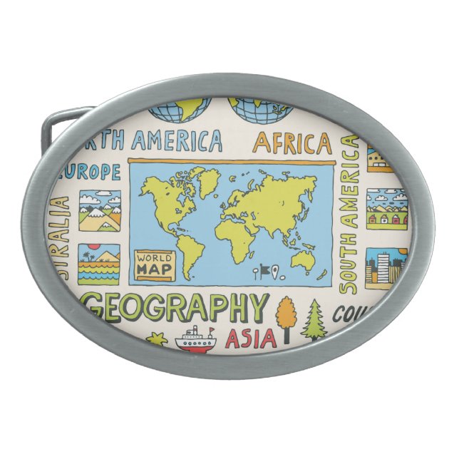 Hand Drawn Vintage Geography Illustration Belt Buckle (Front)