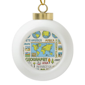 Hand Drawn Vintage Geography Illustration Ceramic Ball Christmas Ornament