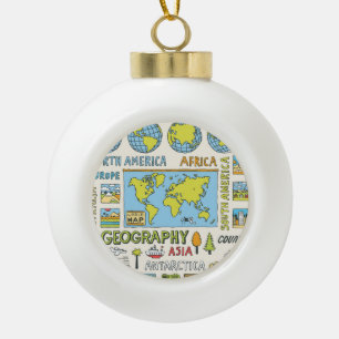 Hand Drawn Vintage Geography Illustration Ceramic Ball Christmas Ornament