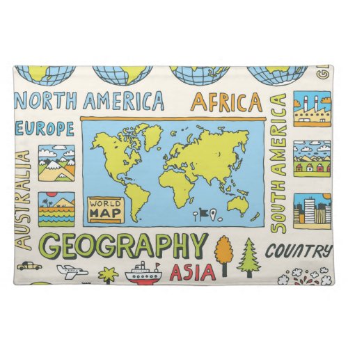 Hand Drawn Vintage Geography Illustration Cloth Placemat