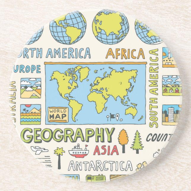 Hand Drawn Vintage Geography Illustration Coaster (Front)