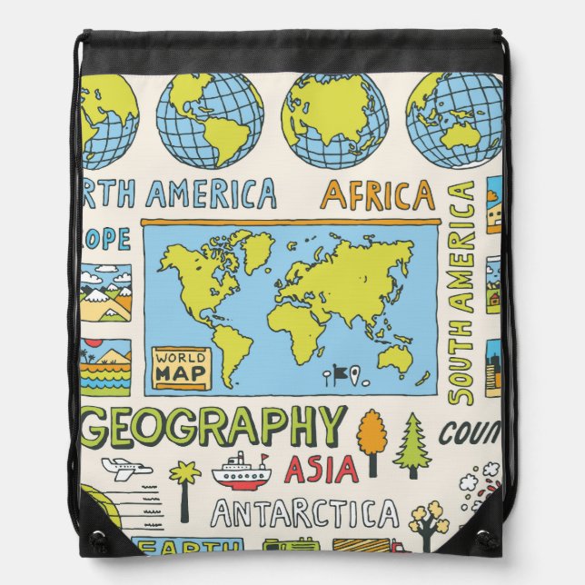 Hand Drawn Vintage Geography Illustration Drawstring Bag (Front)