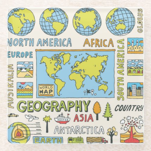 Hand Drawn Vintage Geography Illustration Glass Coaster
