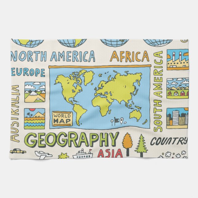 Hand Drawn Vintage Geography Illustration Kitchen Towel (Horizontal)