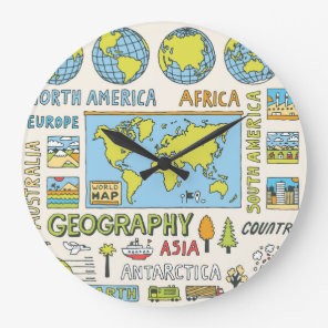 Hand Drawn Vintage Geography Illustration Large Clock