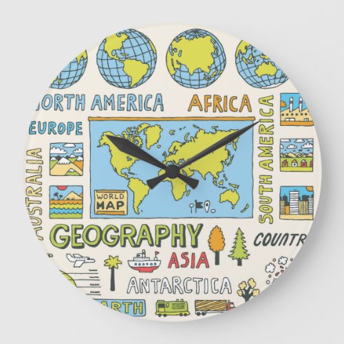 Hand Drawn Vintage Geography Illustration Large Clock