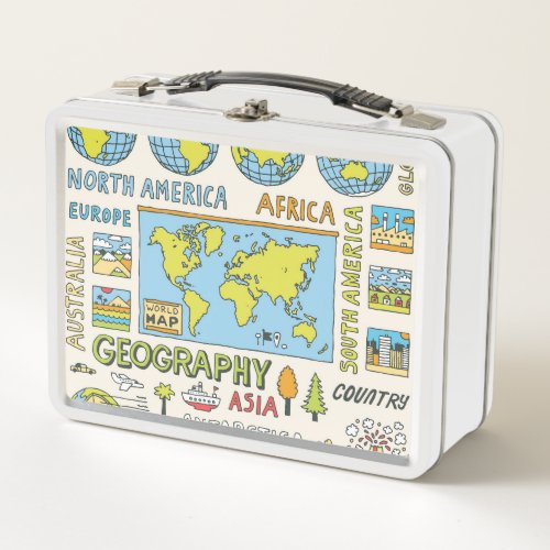 Hand Drawn Vintage Geography Illustration Metal Lunch Box