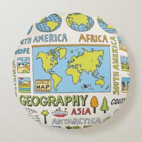 Hand Drawn Vintage Geography Illustration Round Pillow