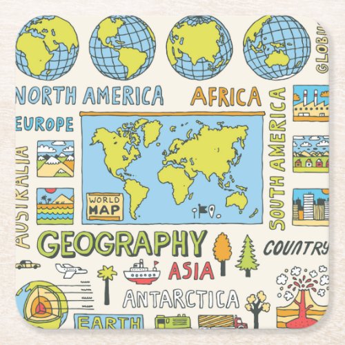 Hand Drawn Vintage Geography Illustration Square Paper Coaster