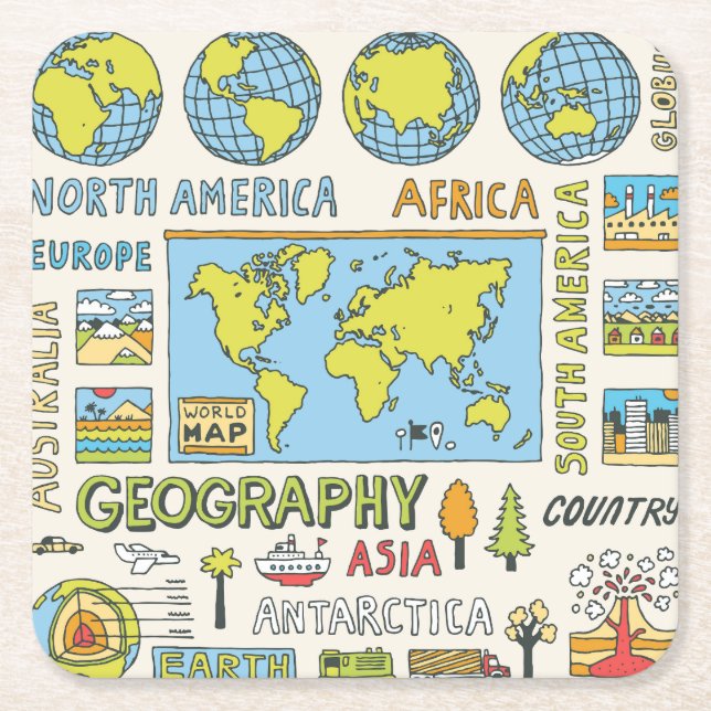 Hand Drawn Vintage Geography Illustration Square Paper Coaster (Front)