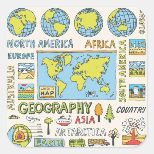 Hand Drawn Vintage Geography Illustration Square Sticker