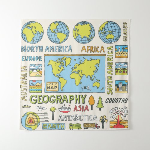 Hand Drawn Vintage Geography Illustration Tapestry