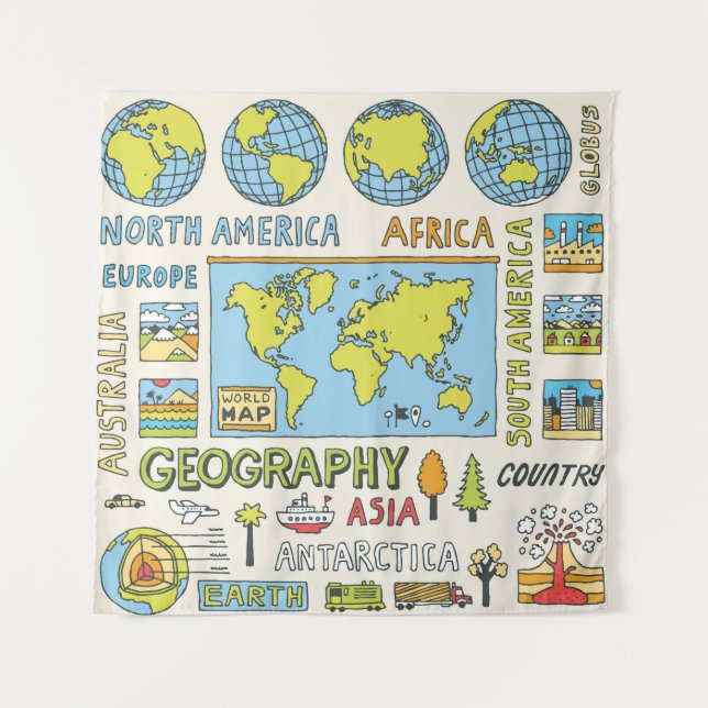 Hand Drawn Vintage Geography Illustration Tapestry (Front)