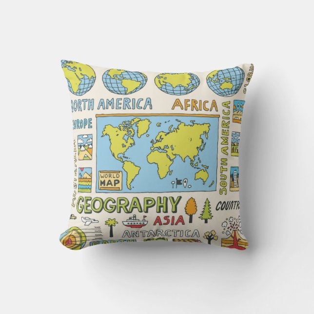 Hand Drawn Vintage Geography Illustration Throw Pillow (Front)