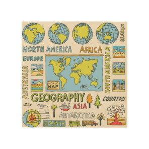 Hand Drawn Vintage Geography Illustration Wood Wall Art