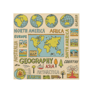 Hand Drawn Vintage Geography Illustration Wood Wall Art