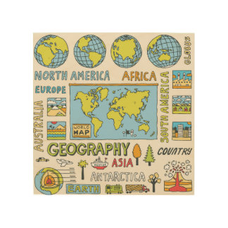 Hand Drawn Vintage Geography Illustration Wood Wall Art