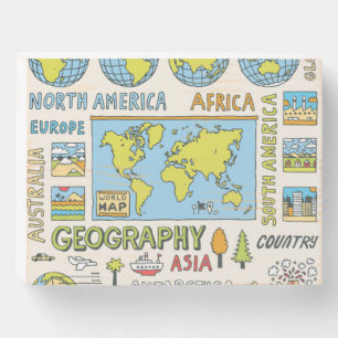 Hand Drawn Vintage Geography Illustration Wooden Box Sign