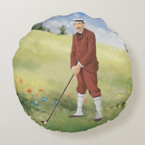Hand drawn vintage golfer in the rough round pillow
