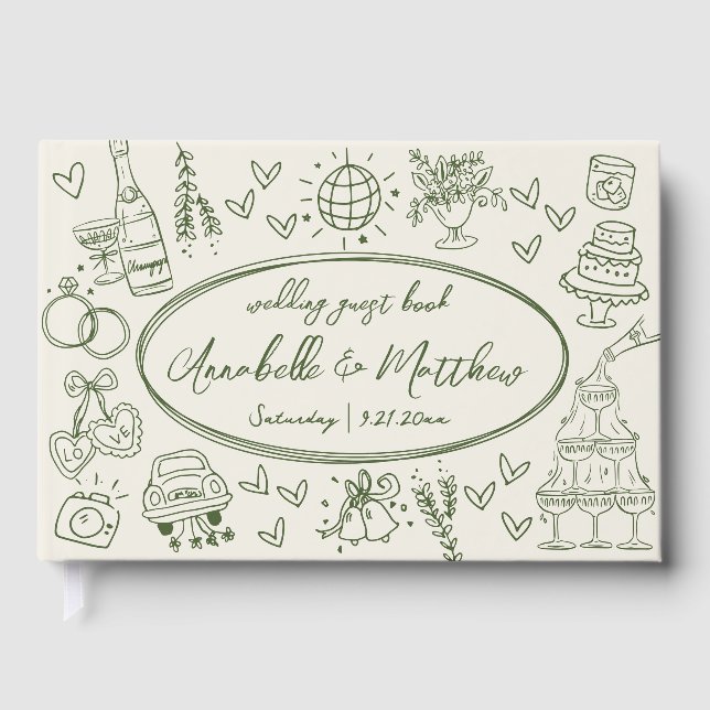Hand Drawn Vintage Green Wedding Guest Book (Front)