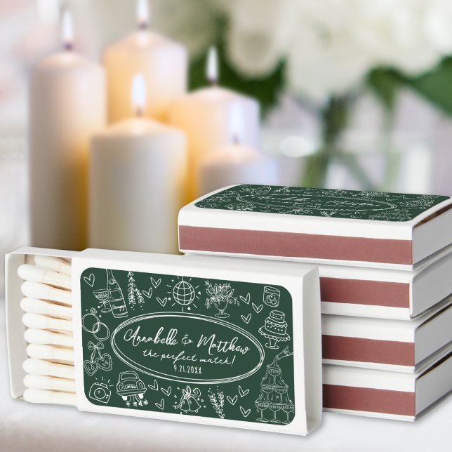 Hand Drawn Vintage Green Wedding Matchboxes (Hand Drawn Emerald Green Funky Wedding Matchboxes )