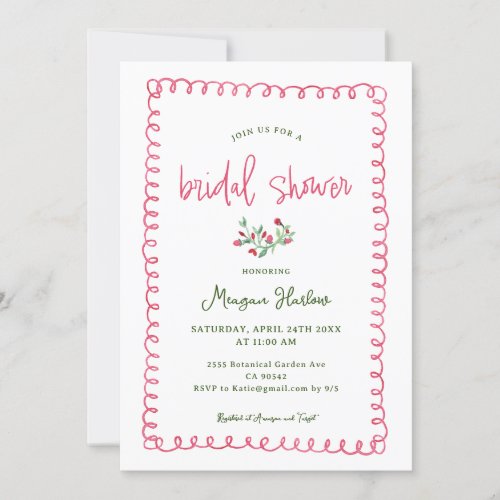 Hand Drawn Vintage Red Floral Bridal Shower  Invitation