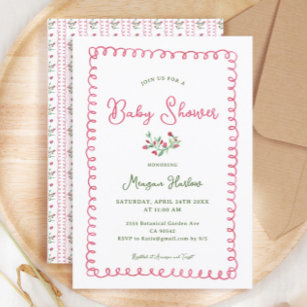 Hand Drawn Vintage Red Floral Girl Baby Shower Invitation