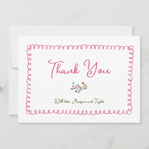 Hand Drawn Vintage Red Floral Girl Baby Shower Thank You Card