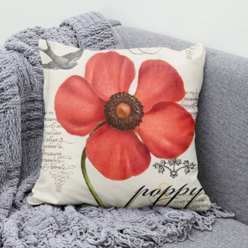 Hand_Drawn Vintage Red Poppy Pop of Color  Throw Pillow