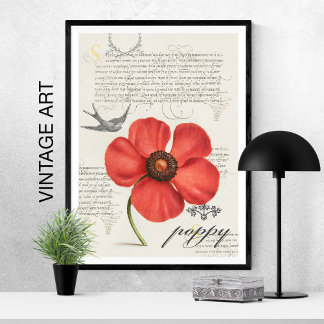 Hand-Drawn Vintage Red Poppy 🌸 Swallow-Tail Kite Poster