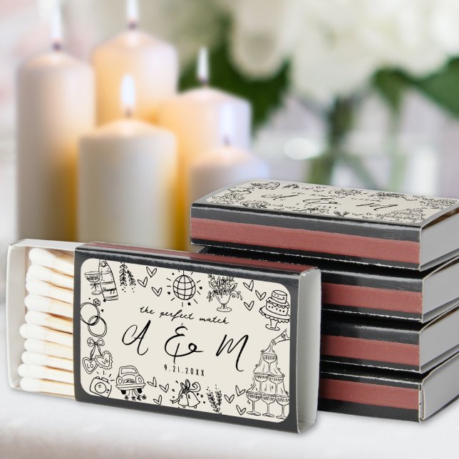 Hand Drawn Vintage Whimsical Wedding Matchboxes (Hand Drawn Funky Vintage Whimsical Wedding Matchboxes)