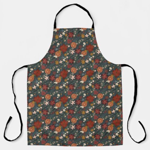 Hand Drawn Vintage Winter Florals Dark Green Apron