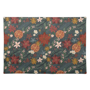 Hand Drawn Vintage Winter Florals Dark Green Cloth Placemat