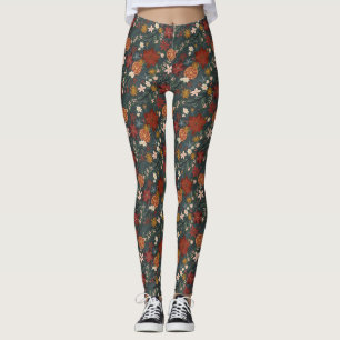 Hand Drawn Vintage Winter Florals Dark Green Leggings