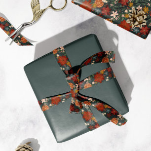 Hand Drawn Vintage Winter Florals Dark Green Satin Ribbon