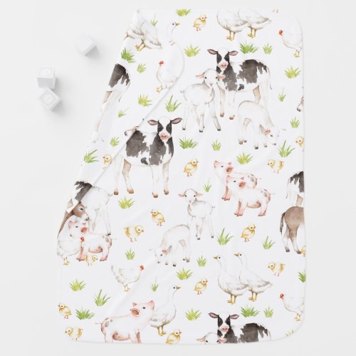 Hand drawn watercolor animals on the farm baby blanket