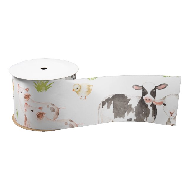 Hand drawn watercolor animals on the farm satin ribbon (Spool)
