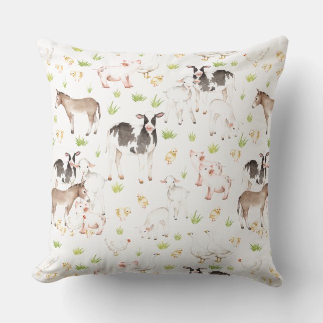 Hand drawn watercolor animals on the farm throw pillow (Front)