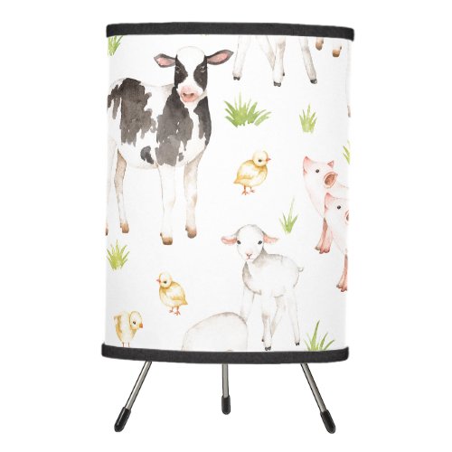 Hand drawn watercolor animals on the farm tripod lamp