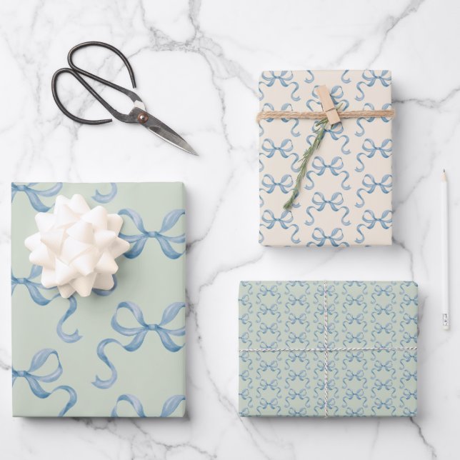 Hand Drawn Watercolor Blue Bows Wrapping Paper (Front)