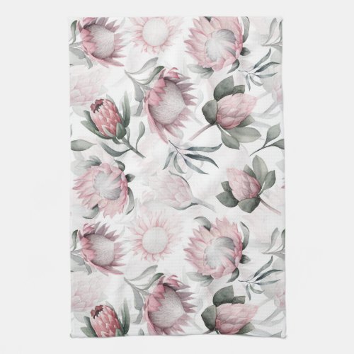 Hand drawn watercolor blush protea flower pattern kitchen towel