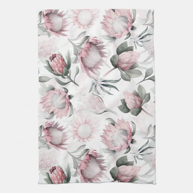 Hand drawn watercolor blush protea flower pattern kitchen towel (Vertical)