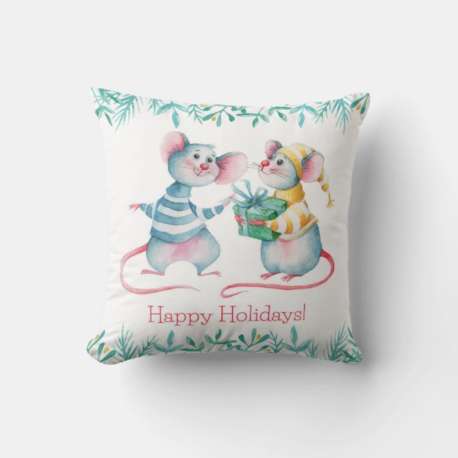 Hand Drawn Watercolor Cute Mice Throw Pillow (Front)