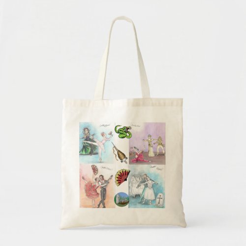 hand drawn watercolor famous Ballets tote bag
