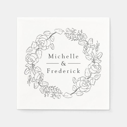 Hand Drawn Watercolor Fine Line Floral Wedding Napkins